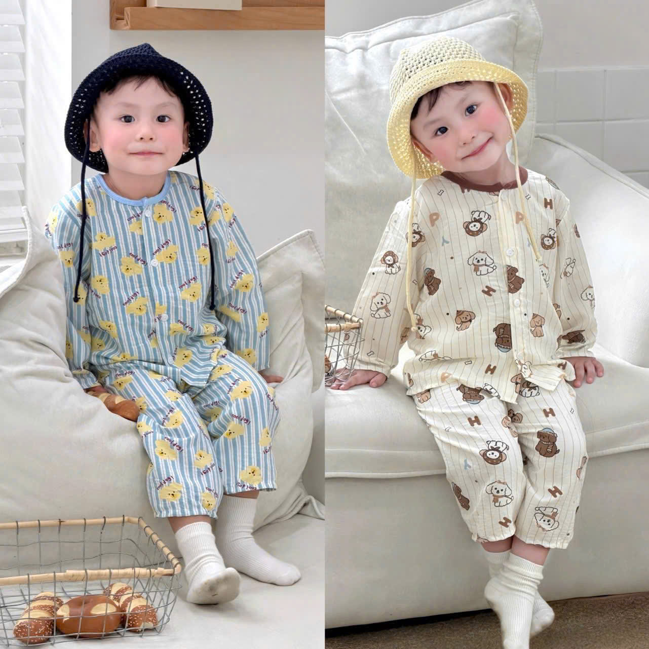 T352 - SET 2 BỘ BÉ TRAI PYJAMA CHÓ cool dog xanh trắng