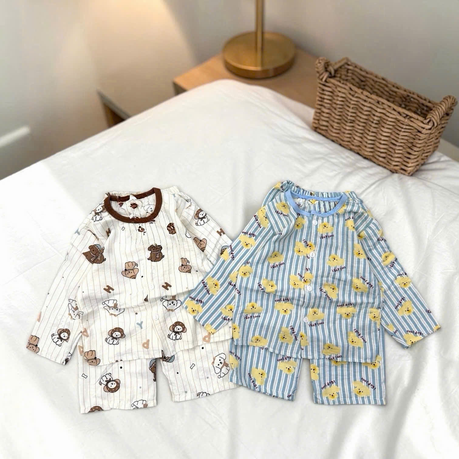 T352 - SET 2 BỘ BÉ TRAI PYJAMA CHÓ cool dog xanh trắng