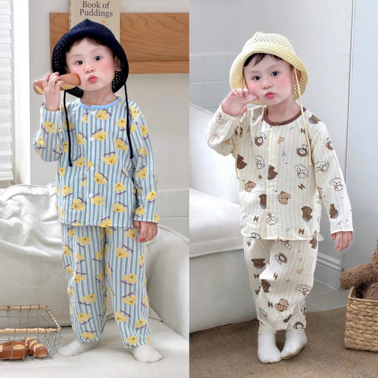 T352 - SET 2 BỘ BÉ TRAI PYJAMA CHÓ cool dog xanh trắng