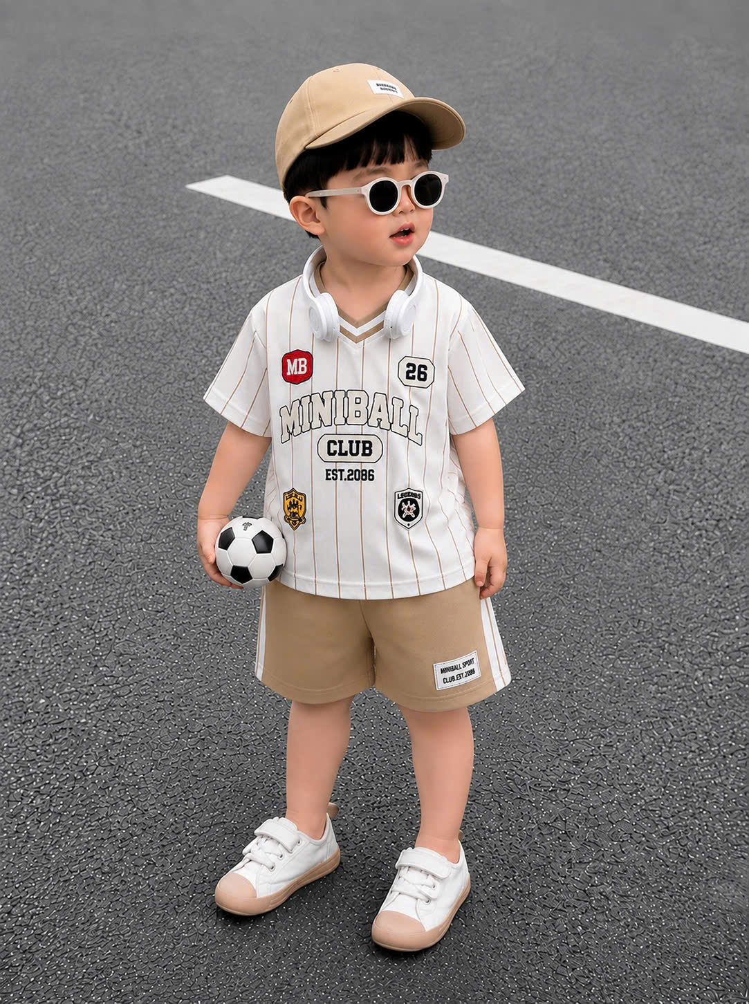 T399 - BỘ ĐÙI BÉ TRAI ÁO TRẮNG MINI BALL SỌC QUẦN NÂU KÈM MŨ