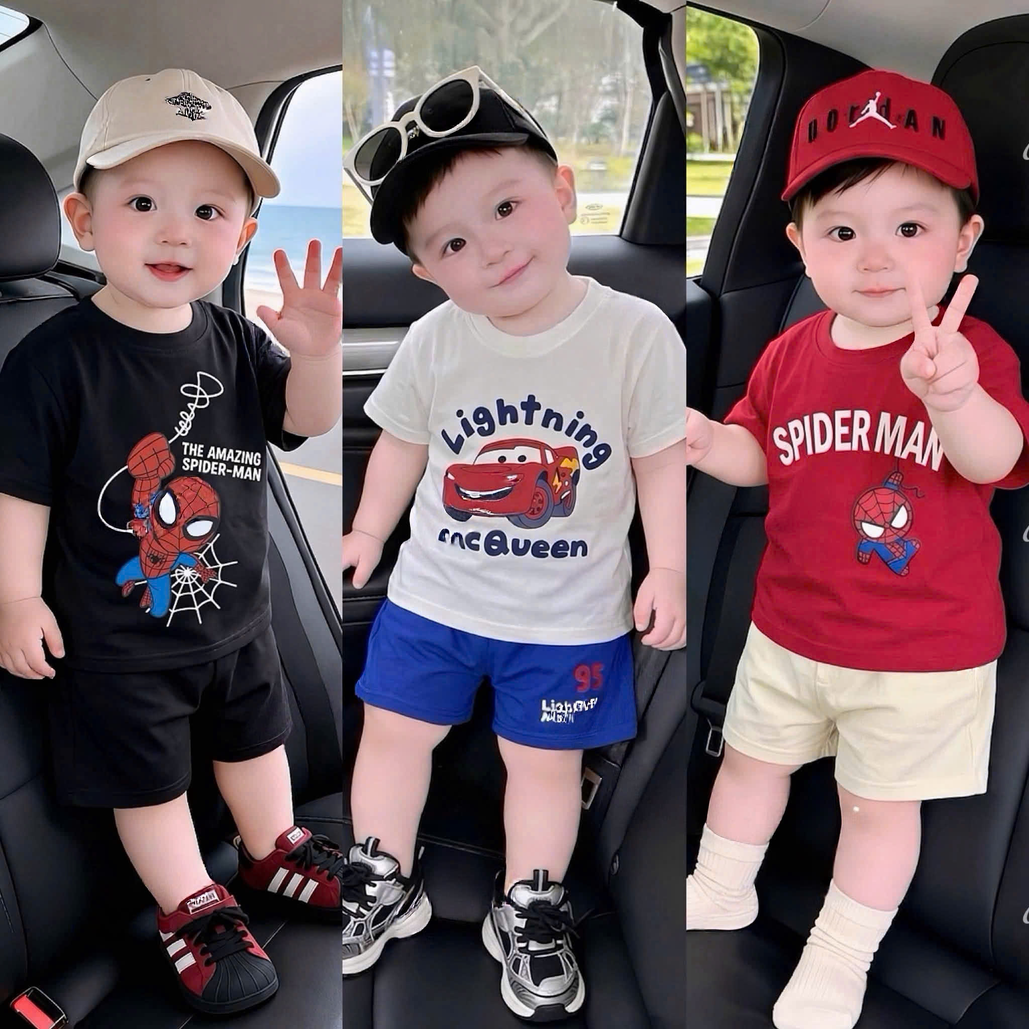 (CHỜ) T414 -SET 3 BỘ ĐÙI BÉ TRAI SPIDERMAN QUEEN đen đỏ trắng