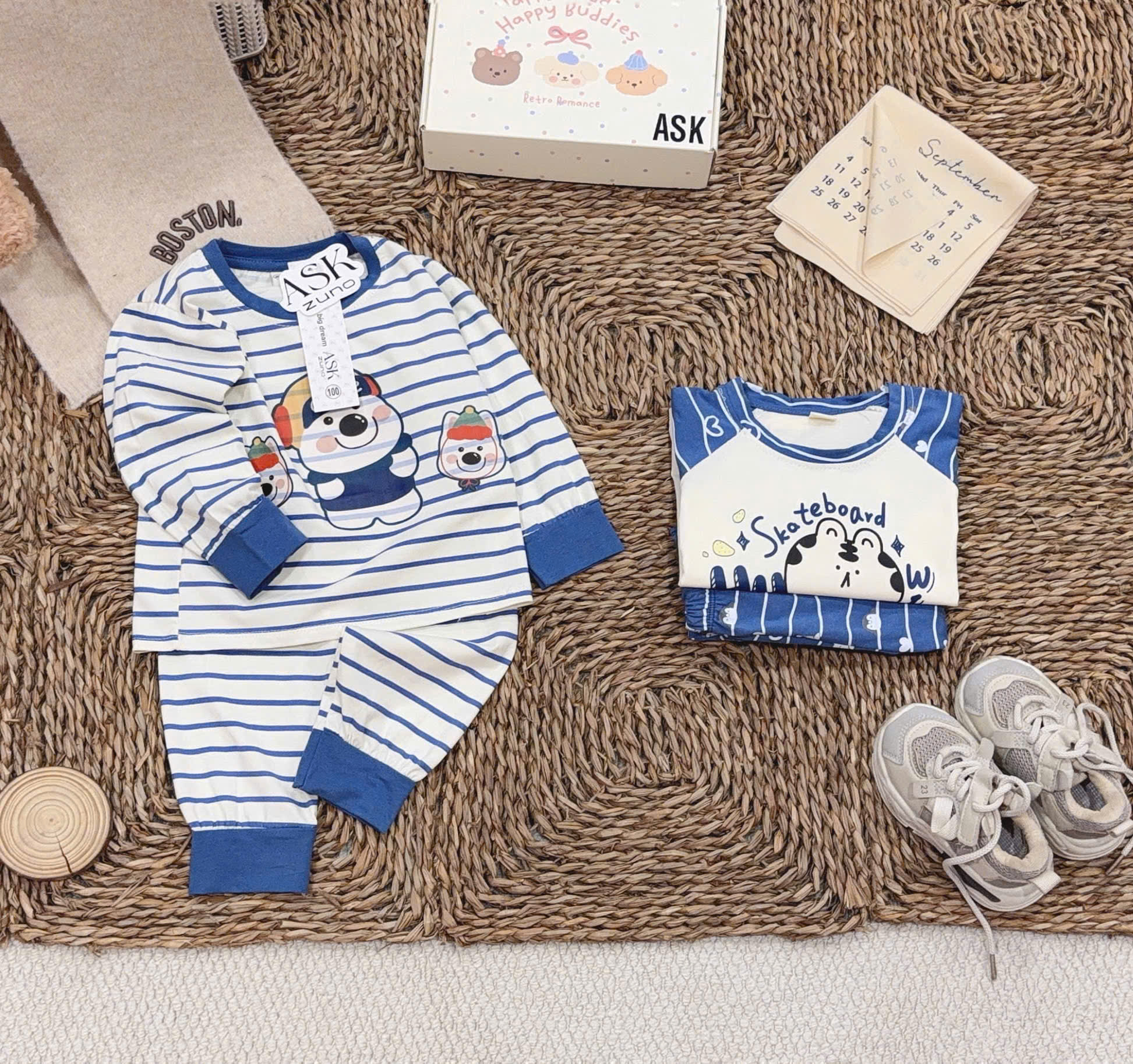 T431 - SET 2 BỘ BÉ TRAI DÀI TAY GẤU CUTE PHỐI xanh kẻ be