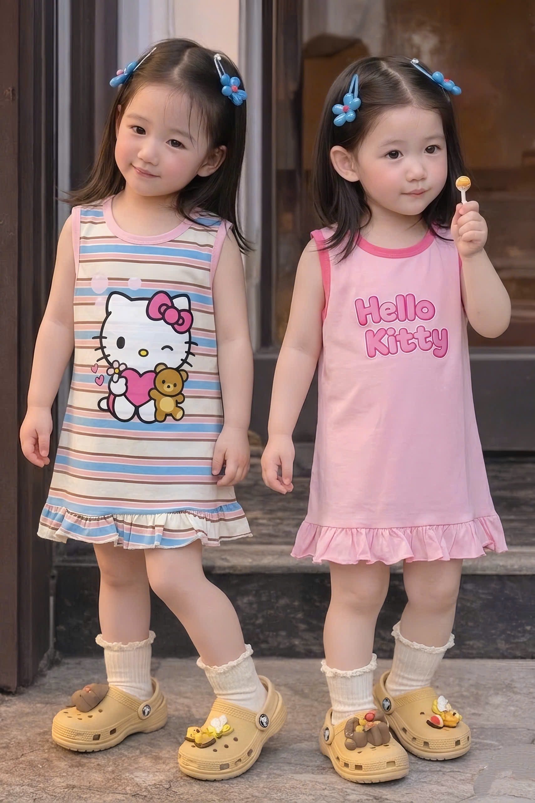 VB582 - SET 2 VÁY BÉ GÁI SÁT NÁCH KITTY hồng kẻ xanh