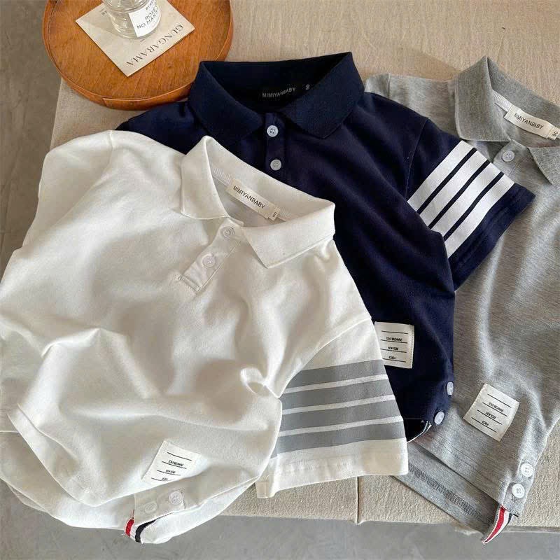 AB890 - SET 3 ÁO BÉ TRAI POLO TAY SỌC PHỐI TAG than ghi trắng