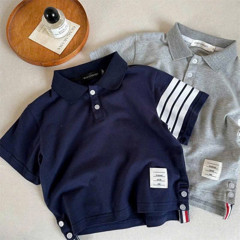 AB890 - SET 3 ÁO BÉ TRAI POLO TAY SỌC PHỐI TAG than ghi trắng