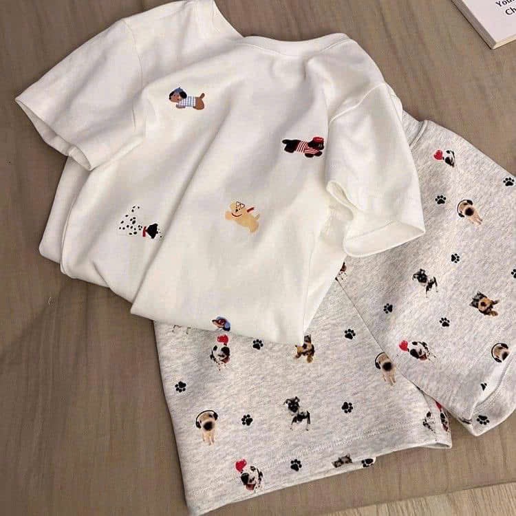 S293 - BỘ ĐÙI NỮ ÁO TRẮNG IN CHÓ QUẦN XÁM TRÀN