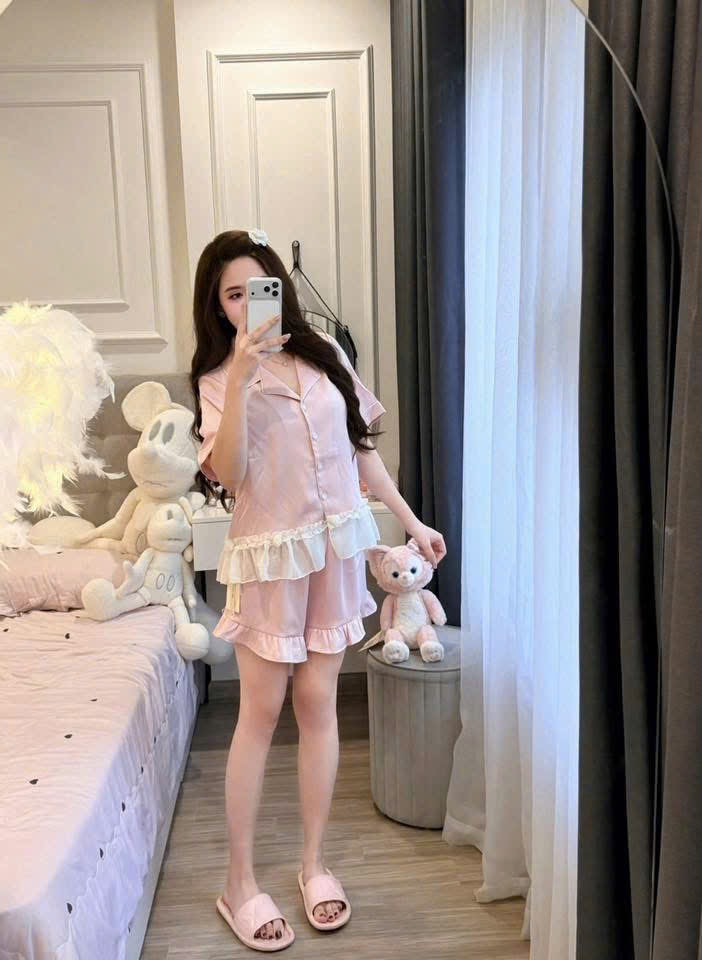 S295 - BỘ PYJAMA NỮ LỤA ĐÙI BÈO GẤU TRẮNG