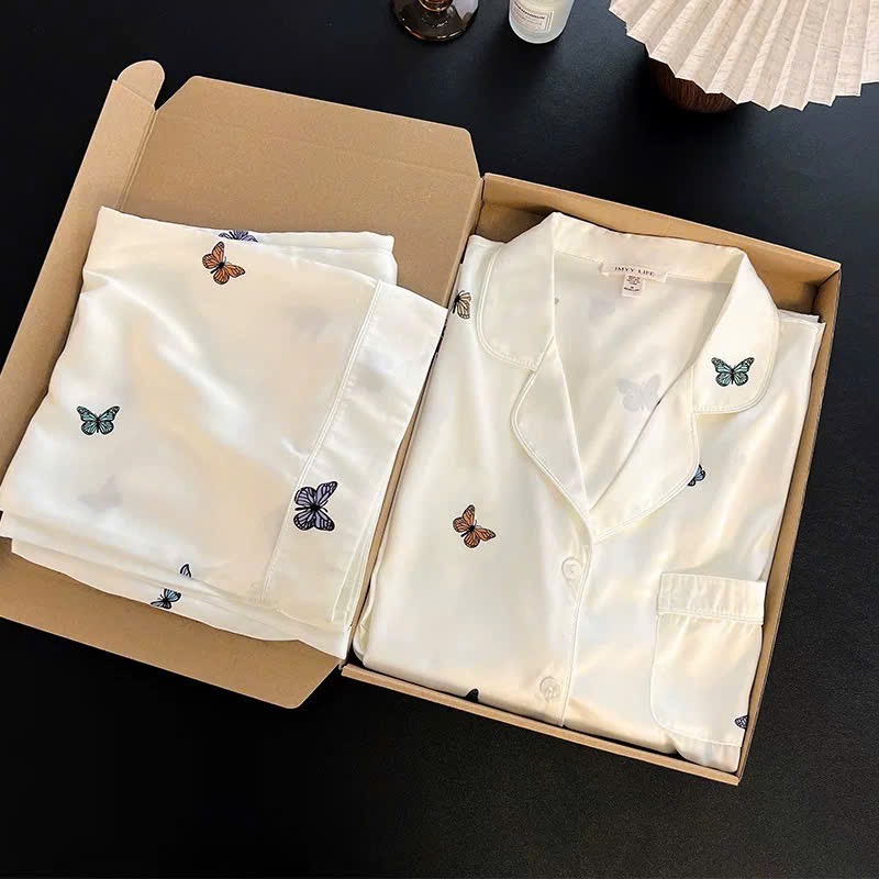 S301 - BỘ PYJAMA LỤA ĐÙI MÀU TRẮNG HÌNH BƯỚM