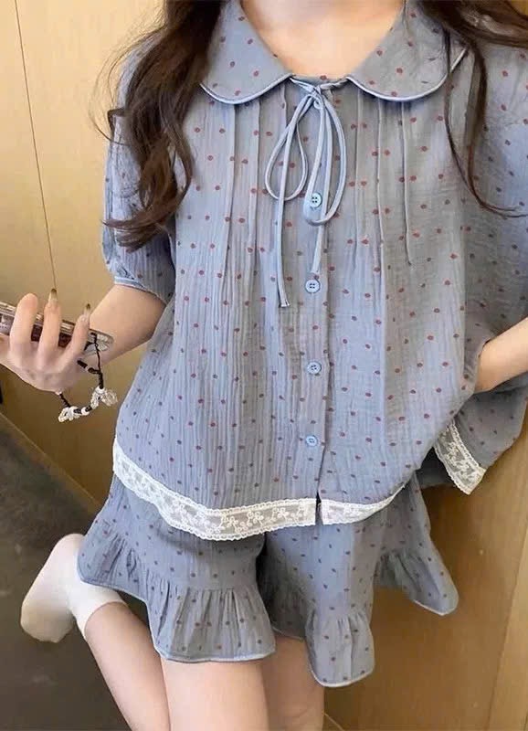 S303 - BỘ PYJAMA MUSLIN XANH CHẤM BI PHỐI BÈO