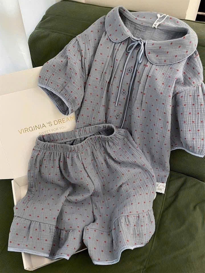 S303 - BỘ PYJAMA MUSLIN XANH CHẤM BI PHỐI BÈO