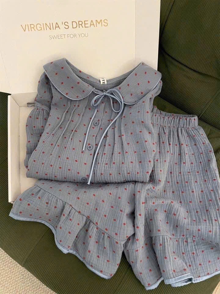 S303 - BỘ PYJAMA MUSLIN XANH CHẤM BI PHỐI BÈO