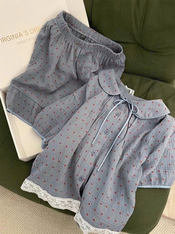 S303 - BỘ PYJAMA MUSLIN XANH CHẤM BI PHỐI BÈO