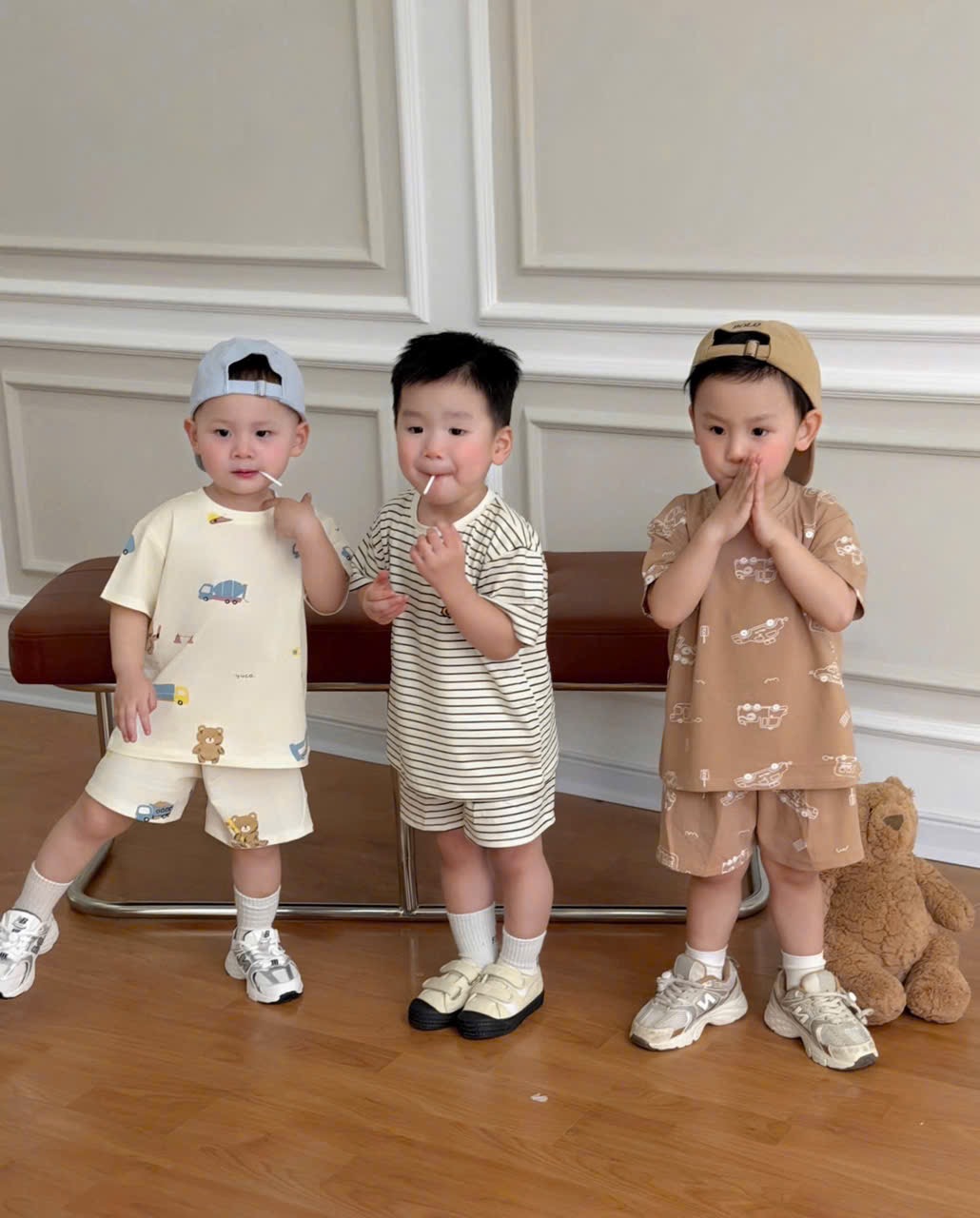 T182 - SET 3 BỘ ĐÙI BÉ TRAI OTO GẤU nâu be kẻ
