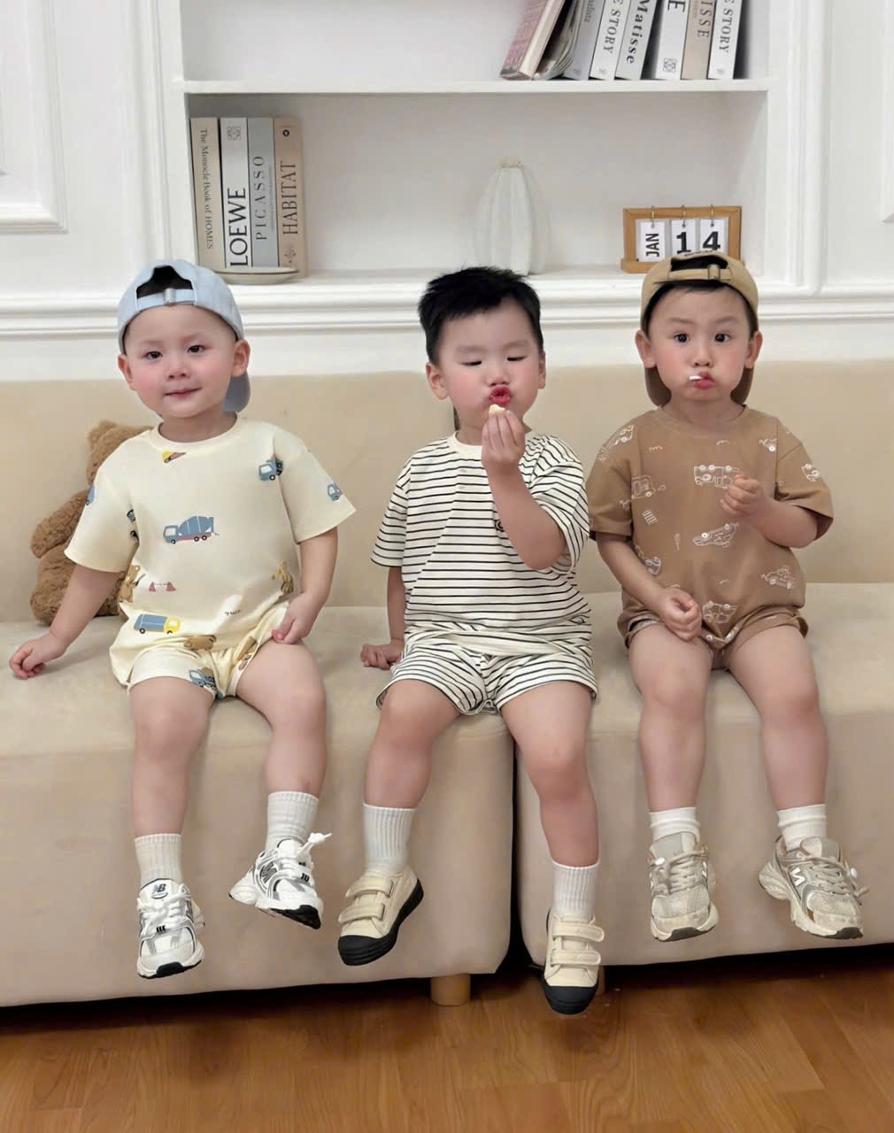 T182 - SET 3 BỘ ĐÙI BÉ TRAI OTO GẤU nâu be kẻ