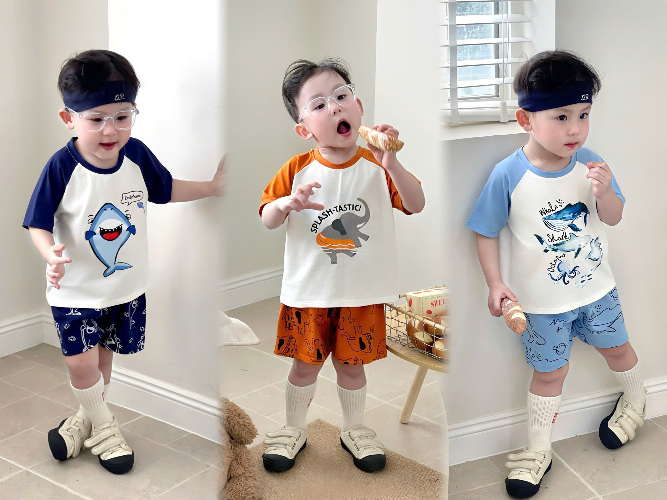 T192 - SET 3 BỘ ĐÙI BÉ TRAI CÁ HEO TRẮNG PHỐI than xanh cam