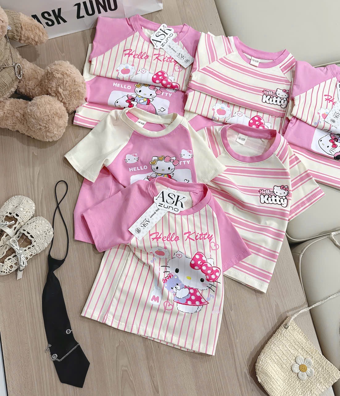 AB892 - SET 3 ÁO BÉ GÁI CỘC PHỐI HỒNG BE Hello Kitty