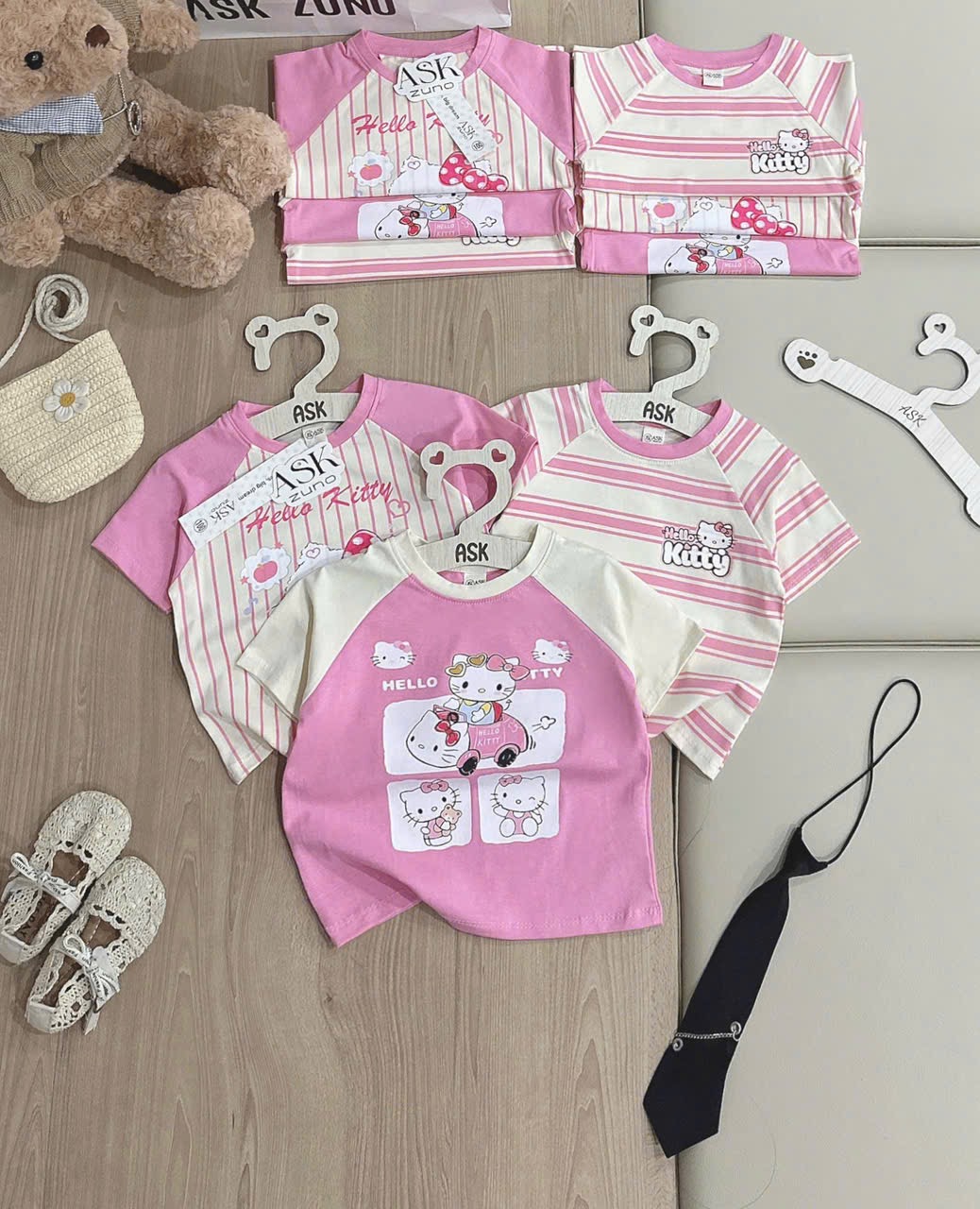 AB892 - SET 3 ÁO BÉ GÁI CỘC PHỐI HỒNG BE Hello Kitty