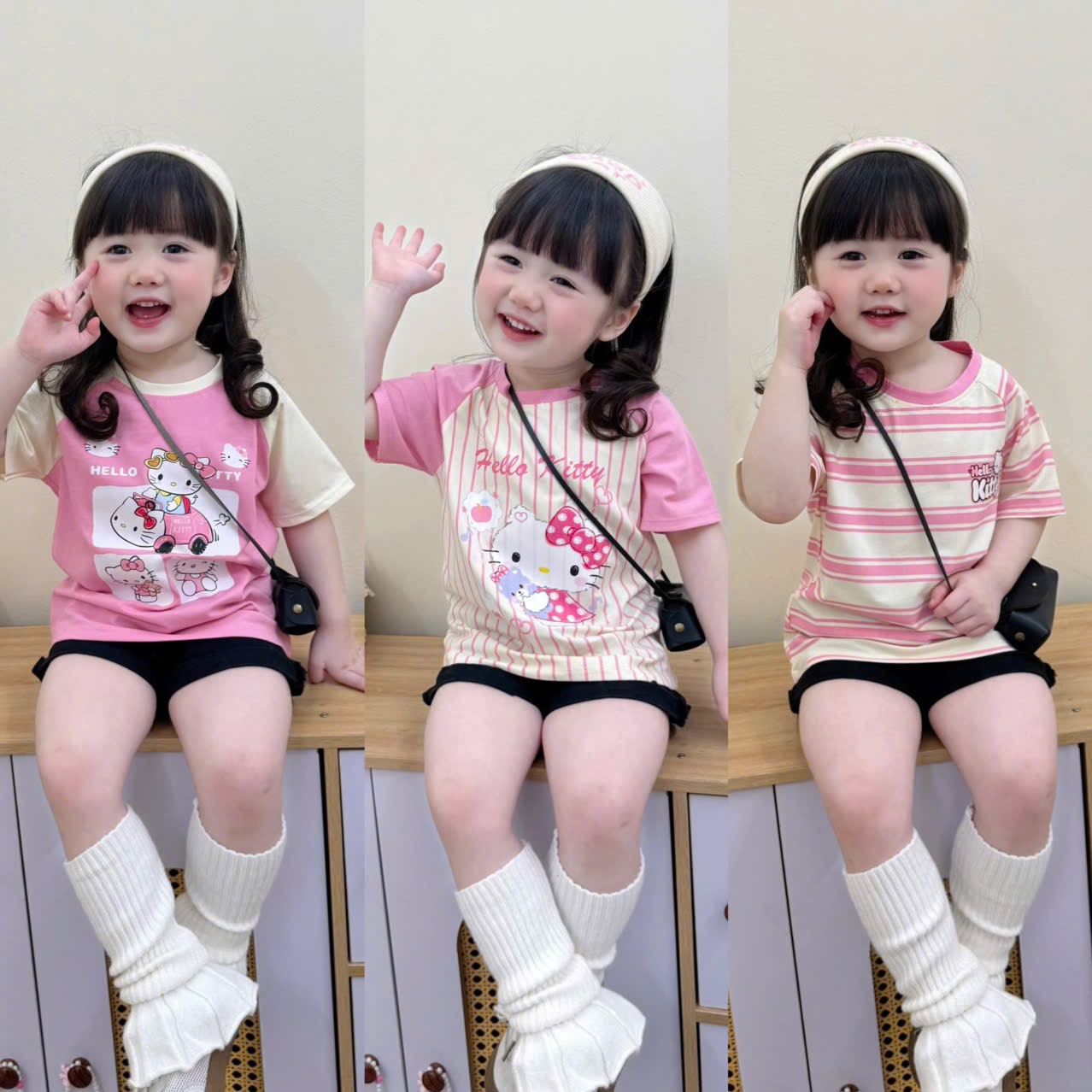 AB892 - SET 3 ÁO BÉ GÁI CỘC PHỐI HỒNG BE Hello Kitty
