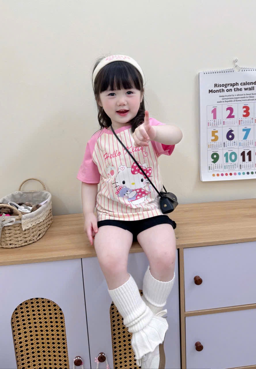 AB892 - SET 3 ÁO BÉ GÁI CỘC PHỐI HỒNG BE Hello Kitty
