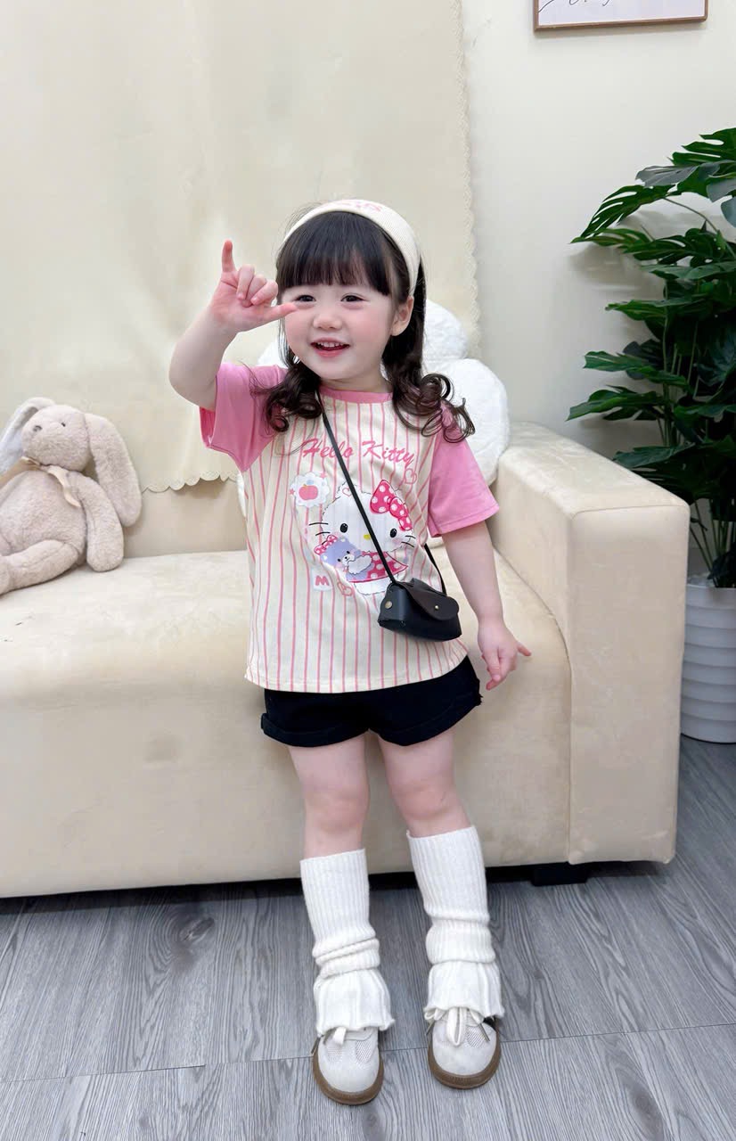 AB892 - SET 3 ÁO BÉ GÁI CỘC PHỐI HỒNG BE Hello Kitty