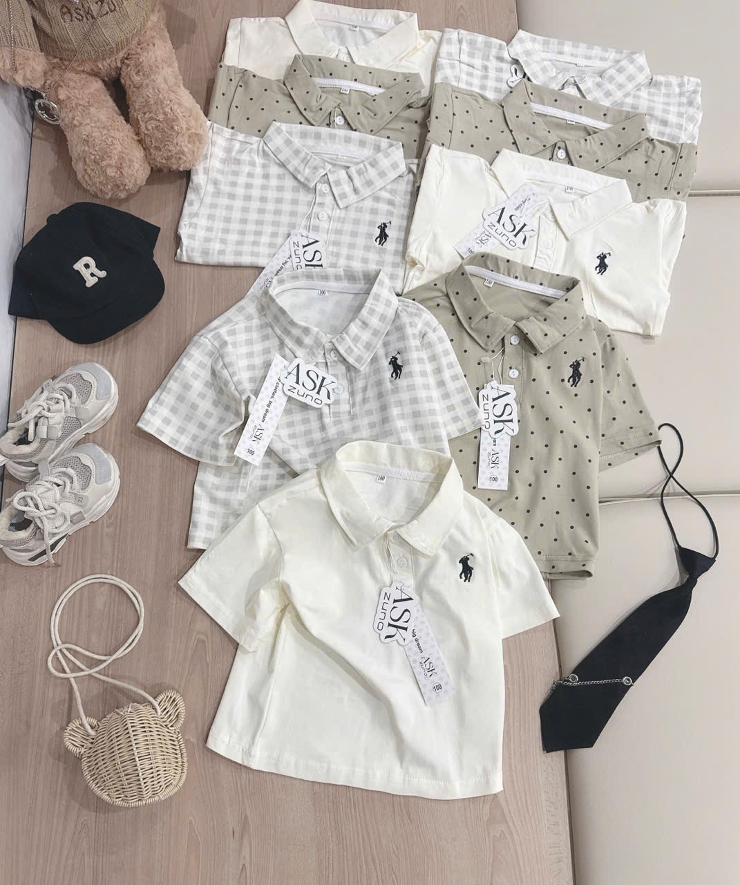AB896 - SET 3 ÁO POLO BÉ TRAI KỊ SĨ nâu kẻ chấm bi