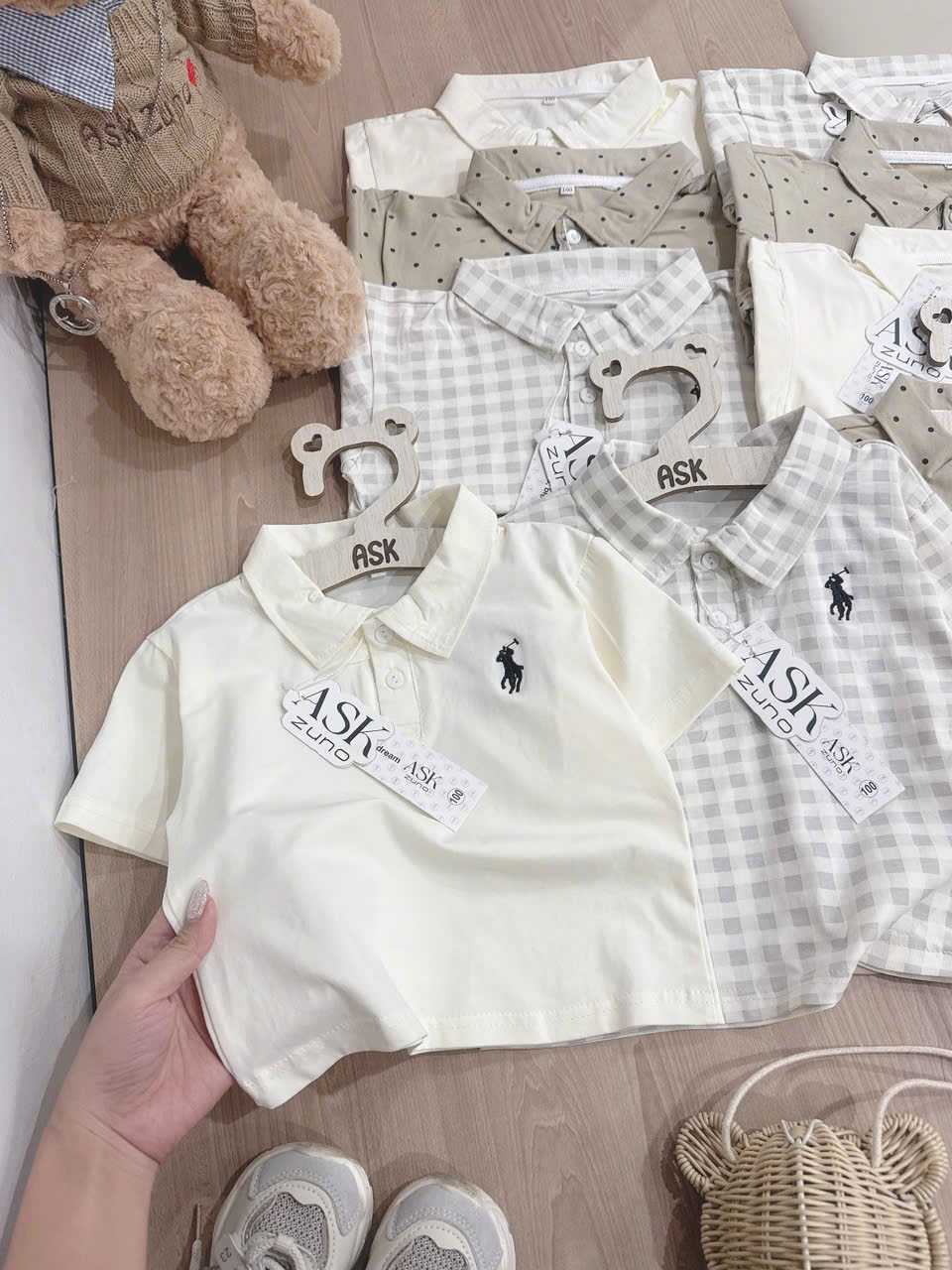 AB896 - SET 3 ÁO POLO BÉ TRAI KỊ SĨ nâu kẻ chấm bi