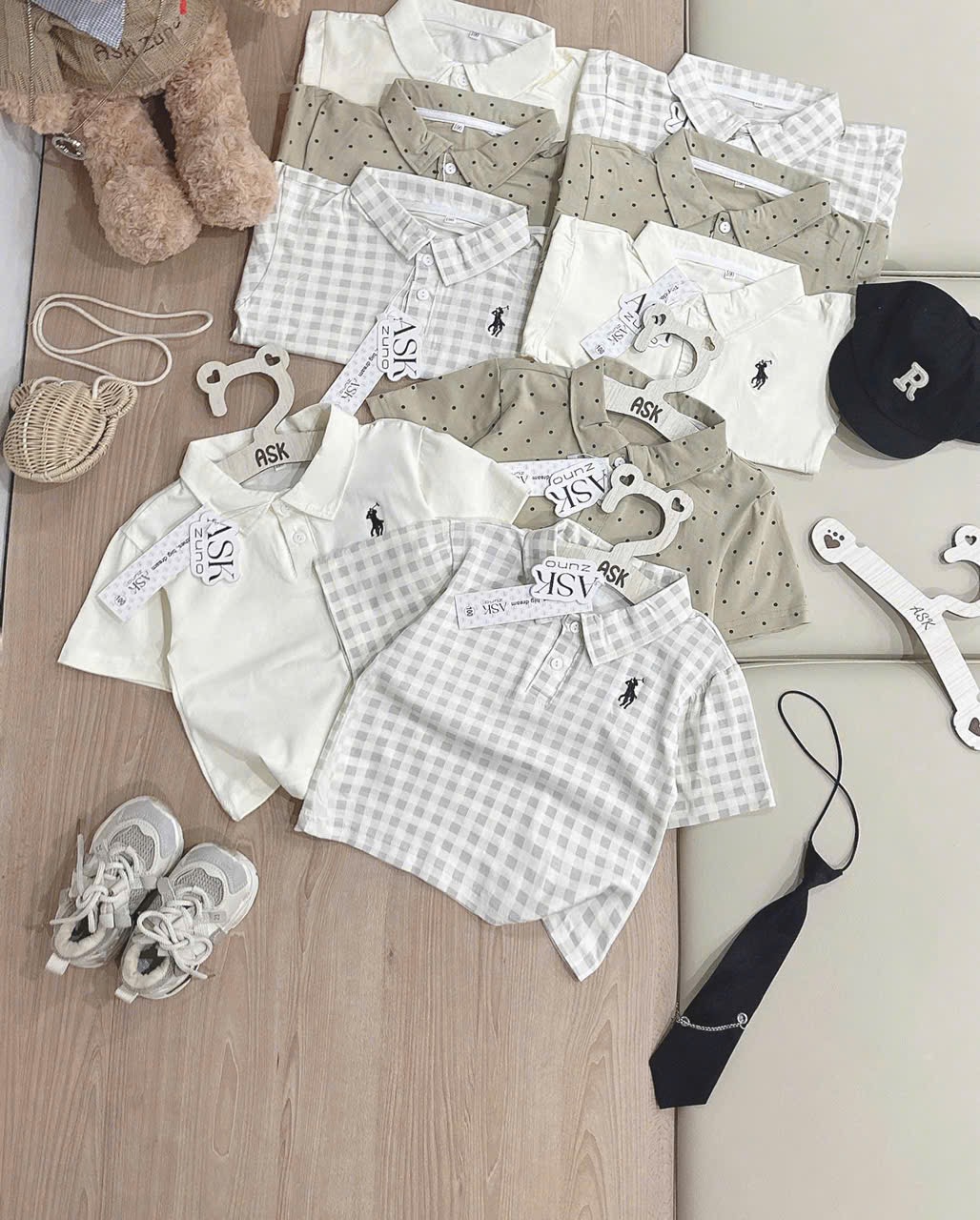 AB896 - SET 3 ÁO POLO BÉ TRAI KỊ SĨ nâu kẻ chấm bi