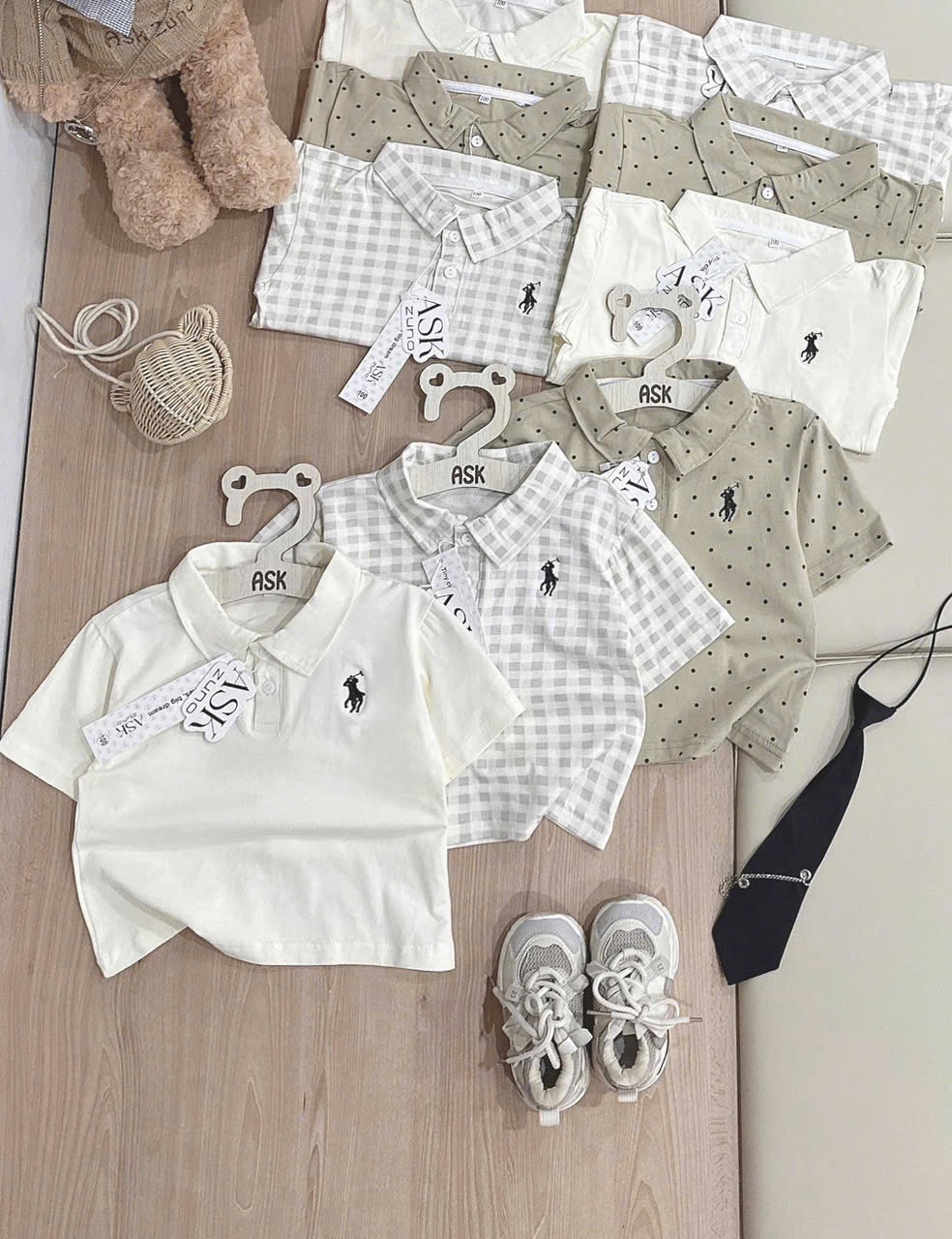 AB896 - SET 3 ÁO POLO BÉ TRAI KỊ SĨ nâu kẻ chấm bi