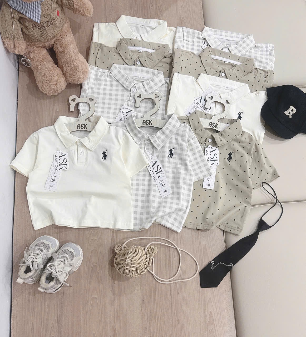 AB896 - SET 3 ÁO POLO BÉ TRAI KỊ SĨ nâu kẻ chấm bi