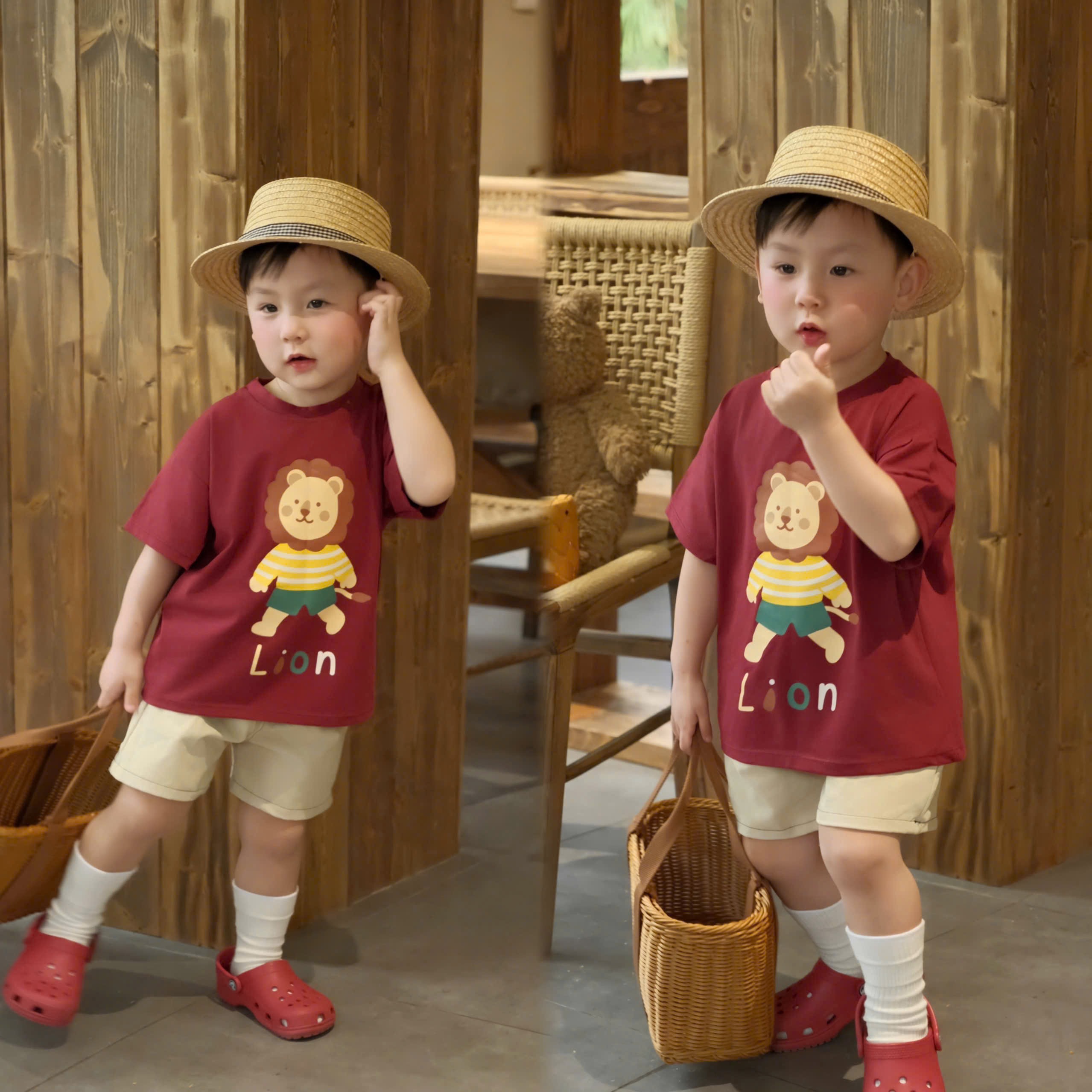 AB900 - SET 3 ÁO BÉ TRAI CỘC GẤU SƯ TỬ than đỏ trắng