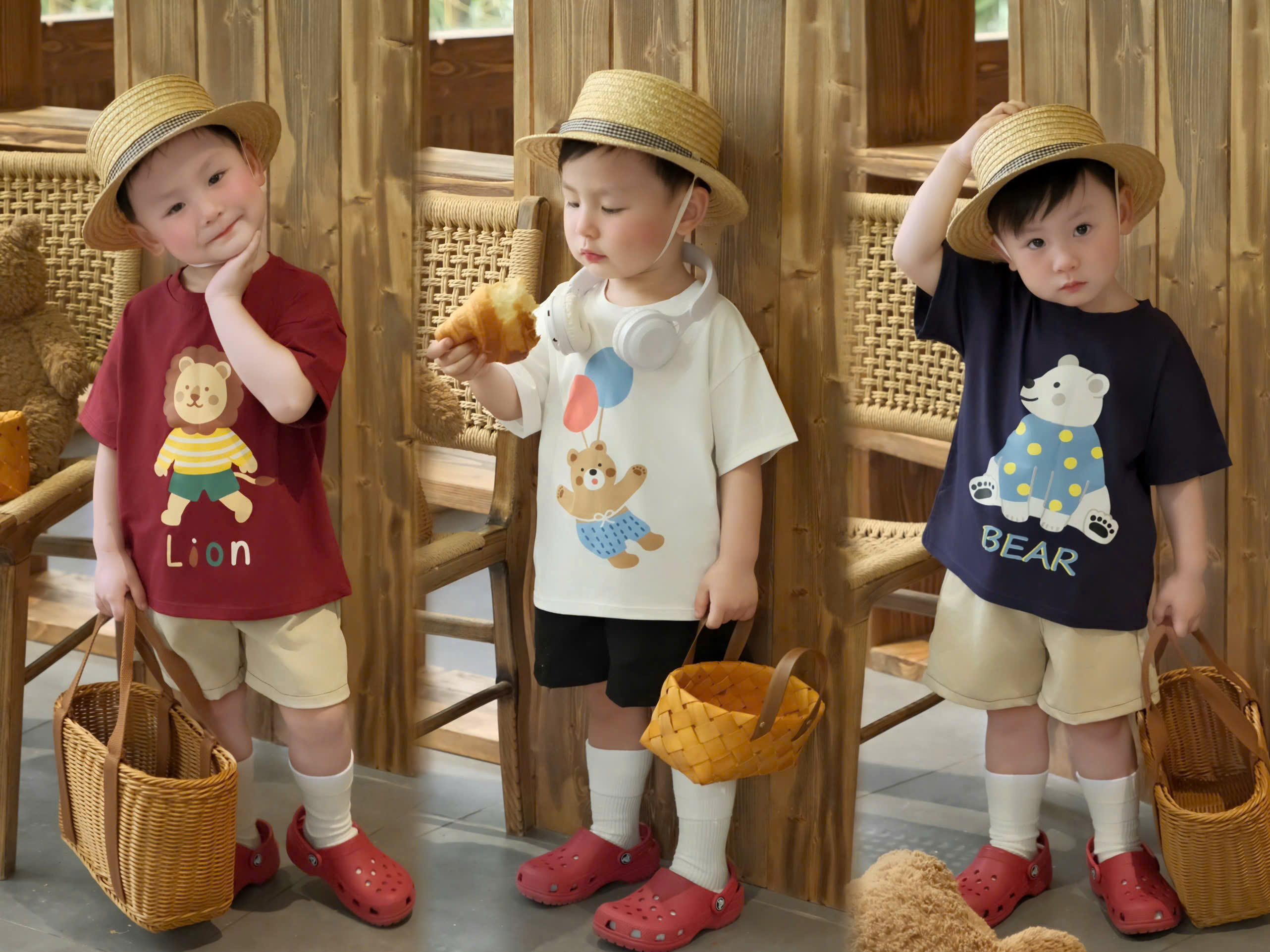 AB900 - SET 3 ÁO BÉ TRAI CỘC GẤU SƯ TỬ than đỏ trắng