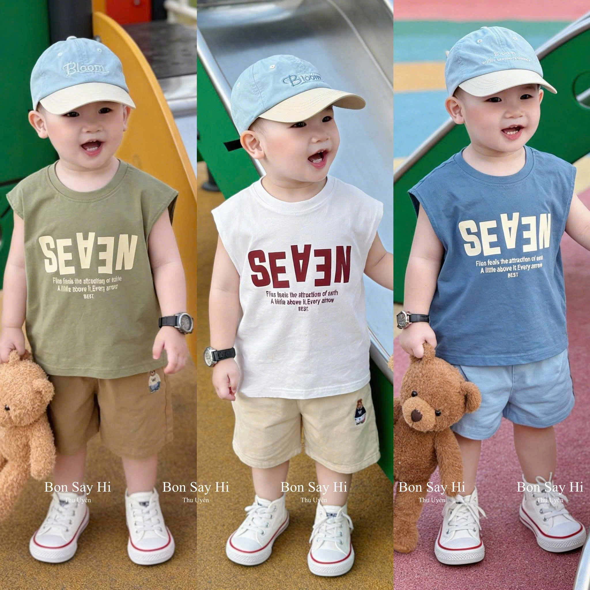 AB913 - SET 3 ÁO BÉ TRAI BA LỖ SEAEN xanh rêu trắng