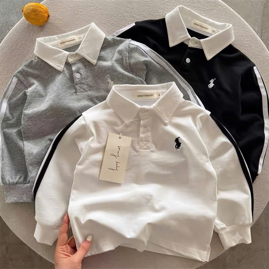 AB933 - SET 3 ÁO POLO BÉ TRAI DÀI TAY KỊ SĨ CỔ TRẮNG
