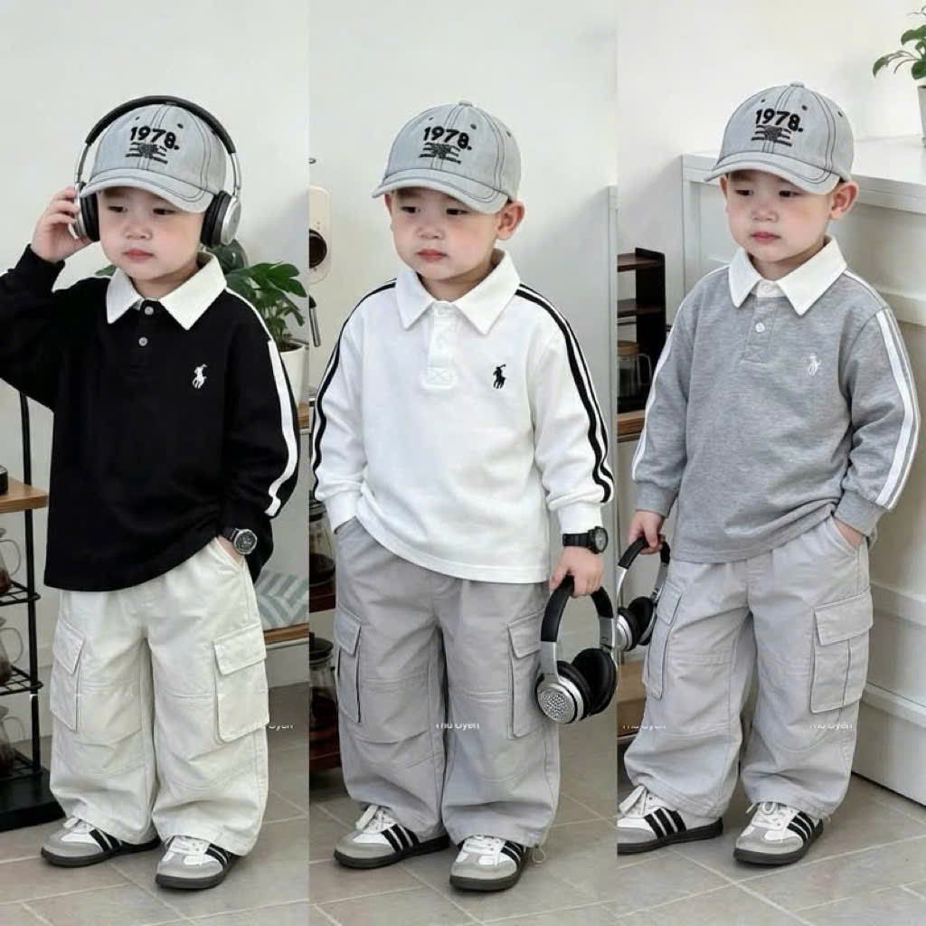 AB933 - SET 3 ÁO POLO BÉ TRAI DÀI TAY KỊ SĨ CỔ TRẮNG