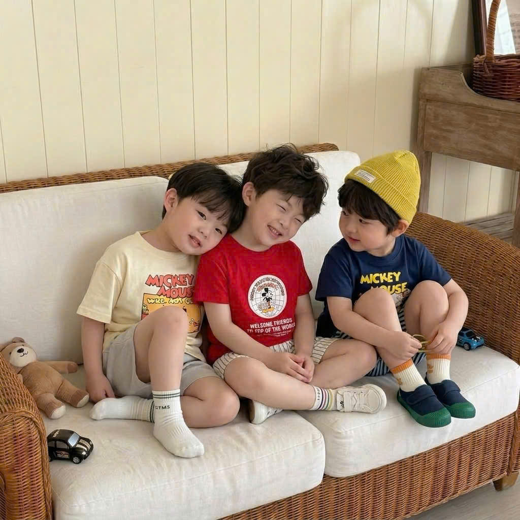 AB936 - SET 4 ÁO BÉ TRAI CỘC TAY MICKEY MOUSE xanh đỏ xám be