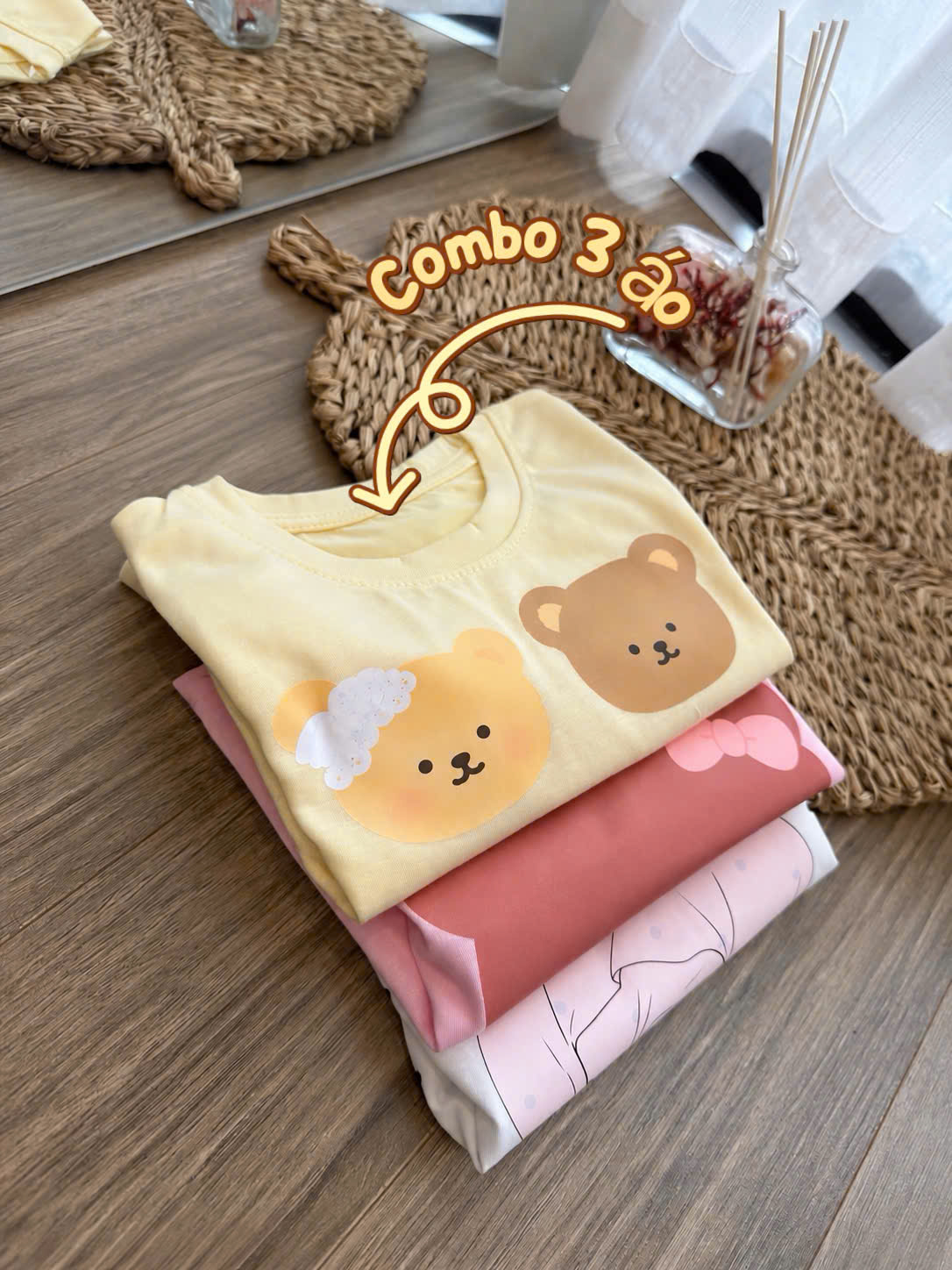 AB952 - SET 3 ÁO BÉ GÁI THUN GIẤY GẤU CAMP hồng vàng trắng