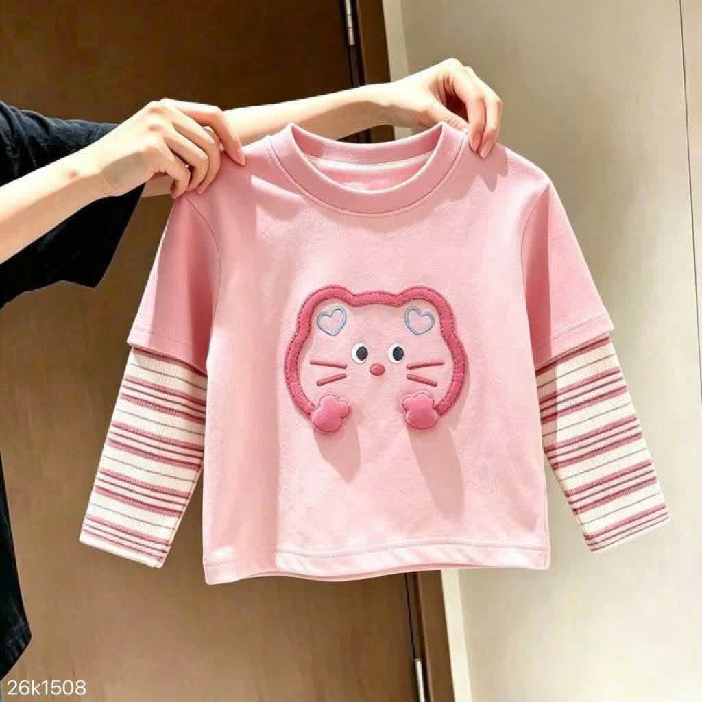 AB953 - SET 2 ÁO BÉ GÁI DÀI TAY GẤU 3D MIX TAY KẺ hồng be