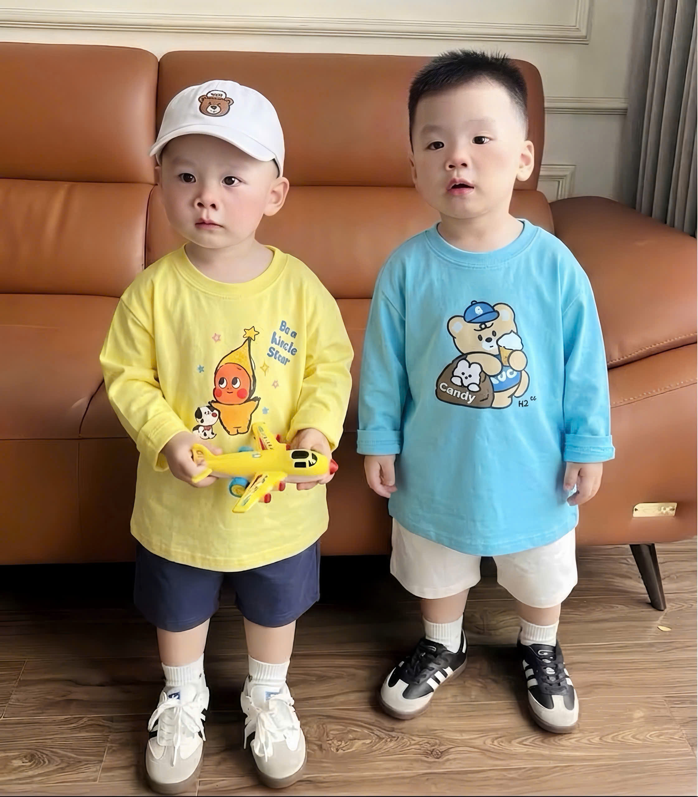 AB954 - SET 3 ÁO BÉ TRAI GIẤY DÀI TAY GẤU candy xanh vàng kẻ