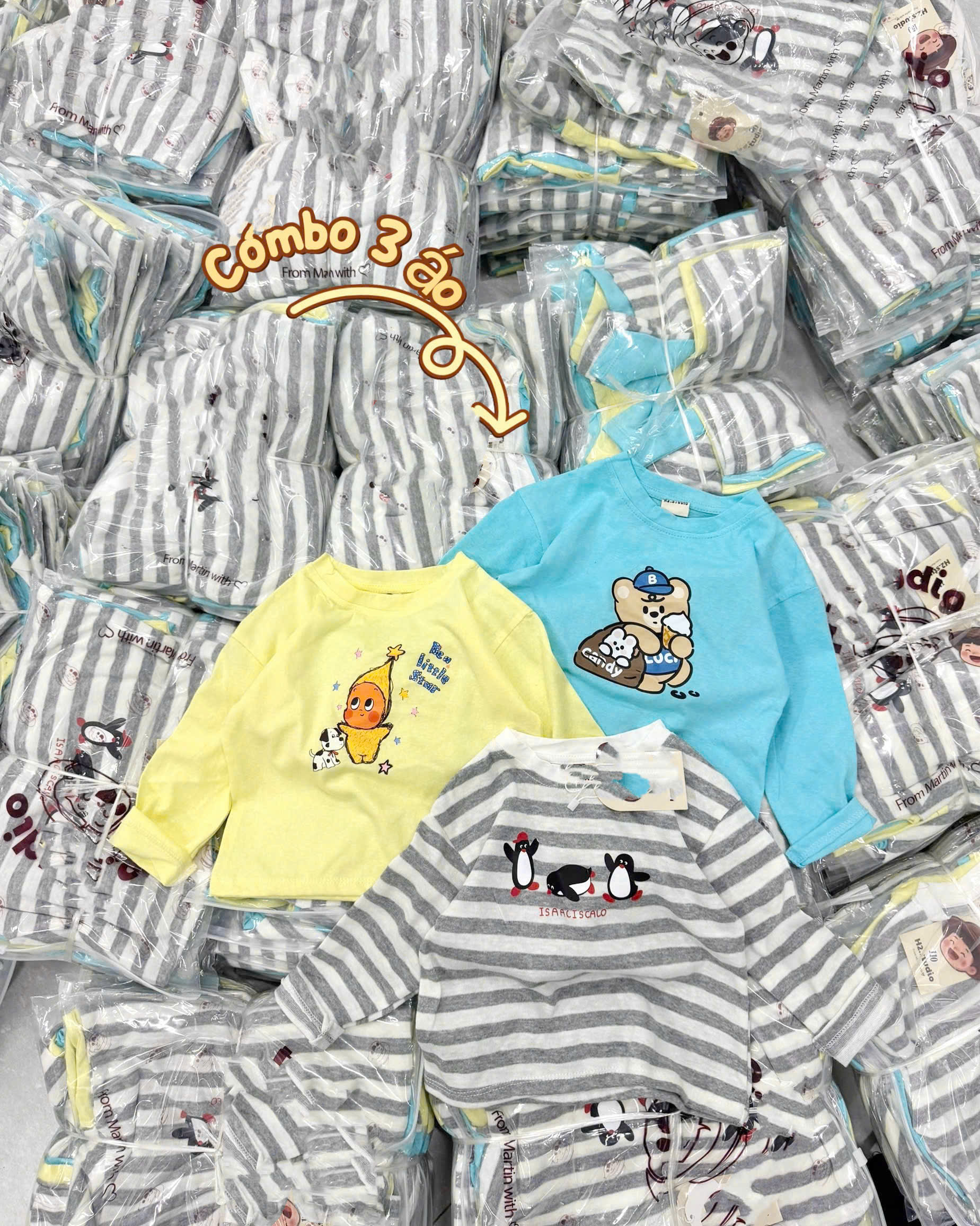 AB954 - SET 3 ÁO BÉ TRAI GIẤY DÀI TAY GẤU candy xanh vàng kẻ
