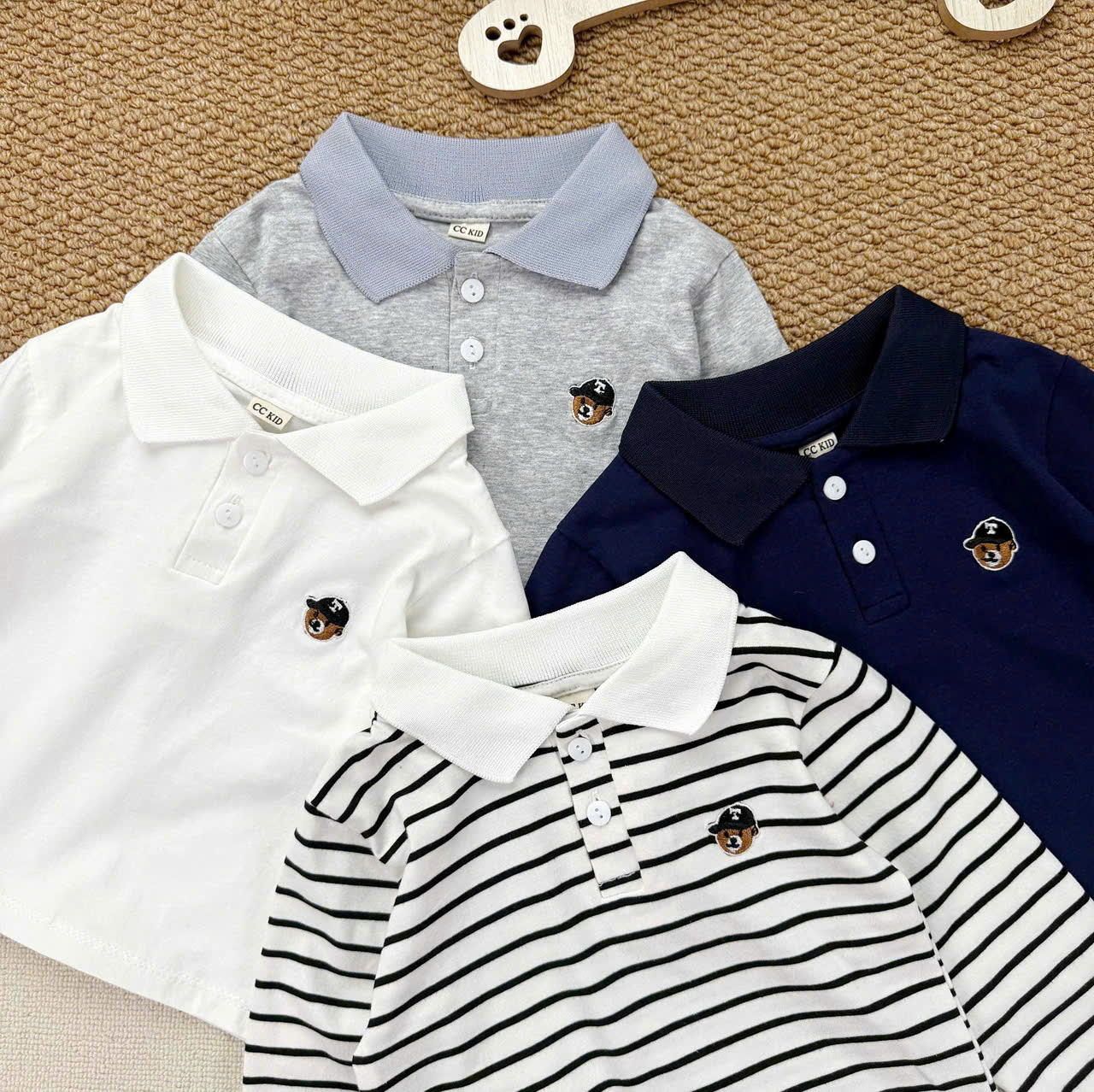 AB969 - SET 4 ÁO BÉ TRAI POLO DÀI TAY THÊU GẤU T than xám kẻ trắng
