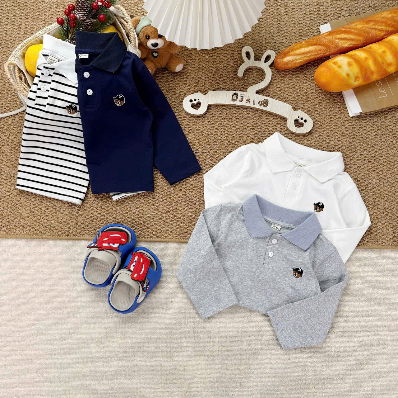 AB969 - SET 4 ÁO BÉ TRAI POLO DÀI TAY THÊU GẤU T than xám kẻ trắng