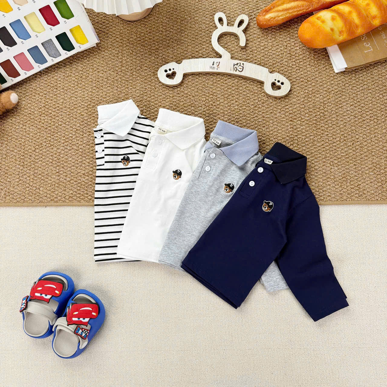 AB969 - SET 4 ÁO BÉ TRAI POLO DÀI TAY THÊU GẤU T than xám kẻ trắng