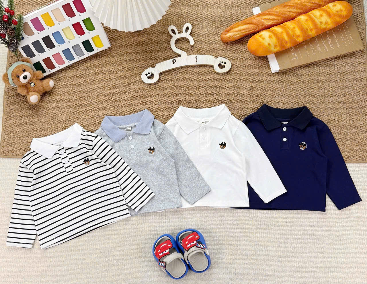 AB969 - SET 4 ÁO BÉ TRAI POLO DÀI TAY THÊU GẤU T than xám kẻ trắng