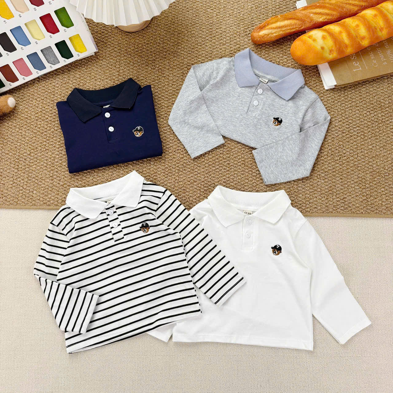 AB969 - SET 4 ÁO BÉ TRAI POLO DÀI TAY THÊU GẤU T than xám kẻ trắng