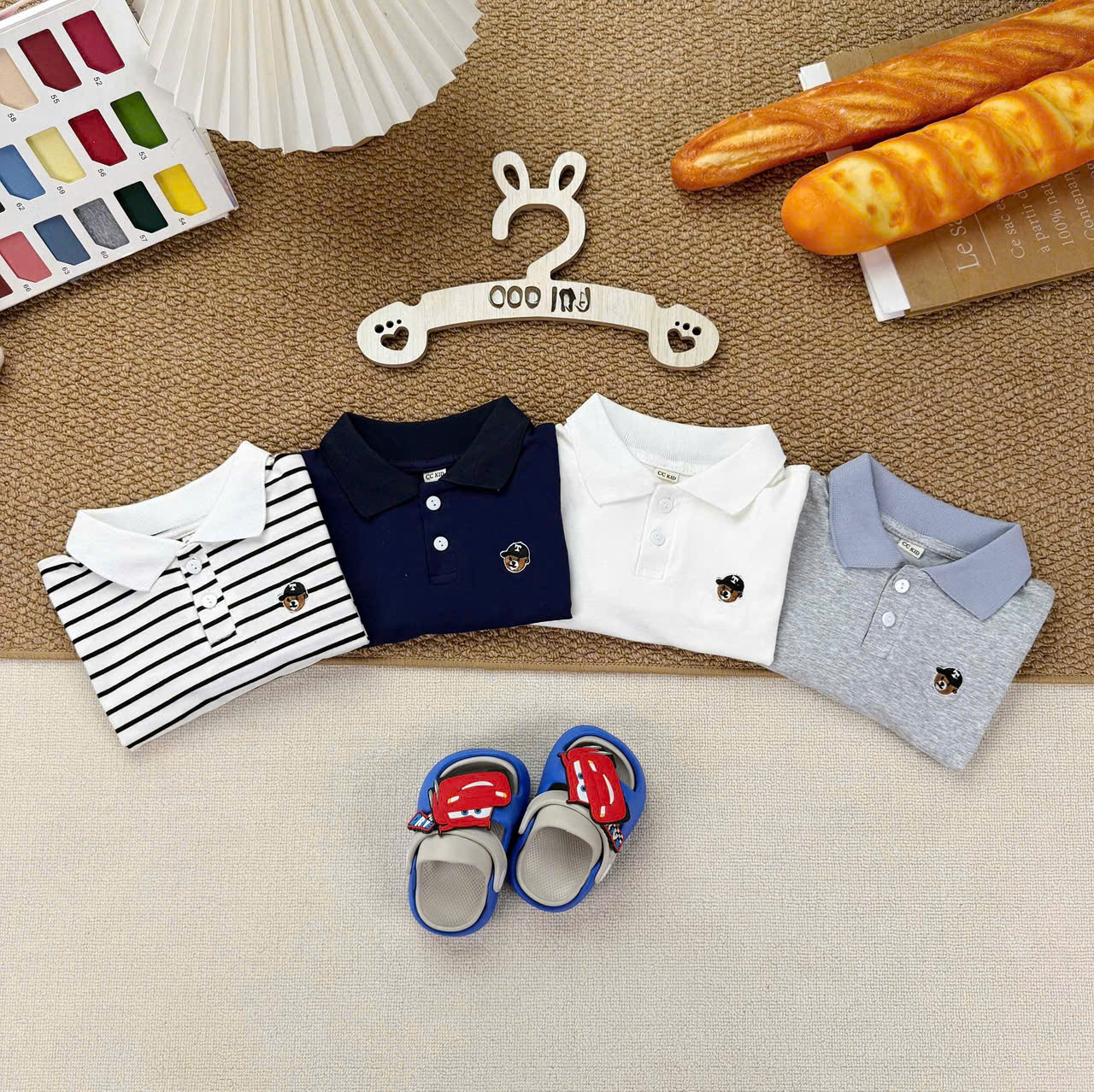 AB969 - SET 4 ÁO BÉ TRAI POLO DÀI TAY THÊU GẤU T than xám kẻ trắng