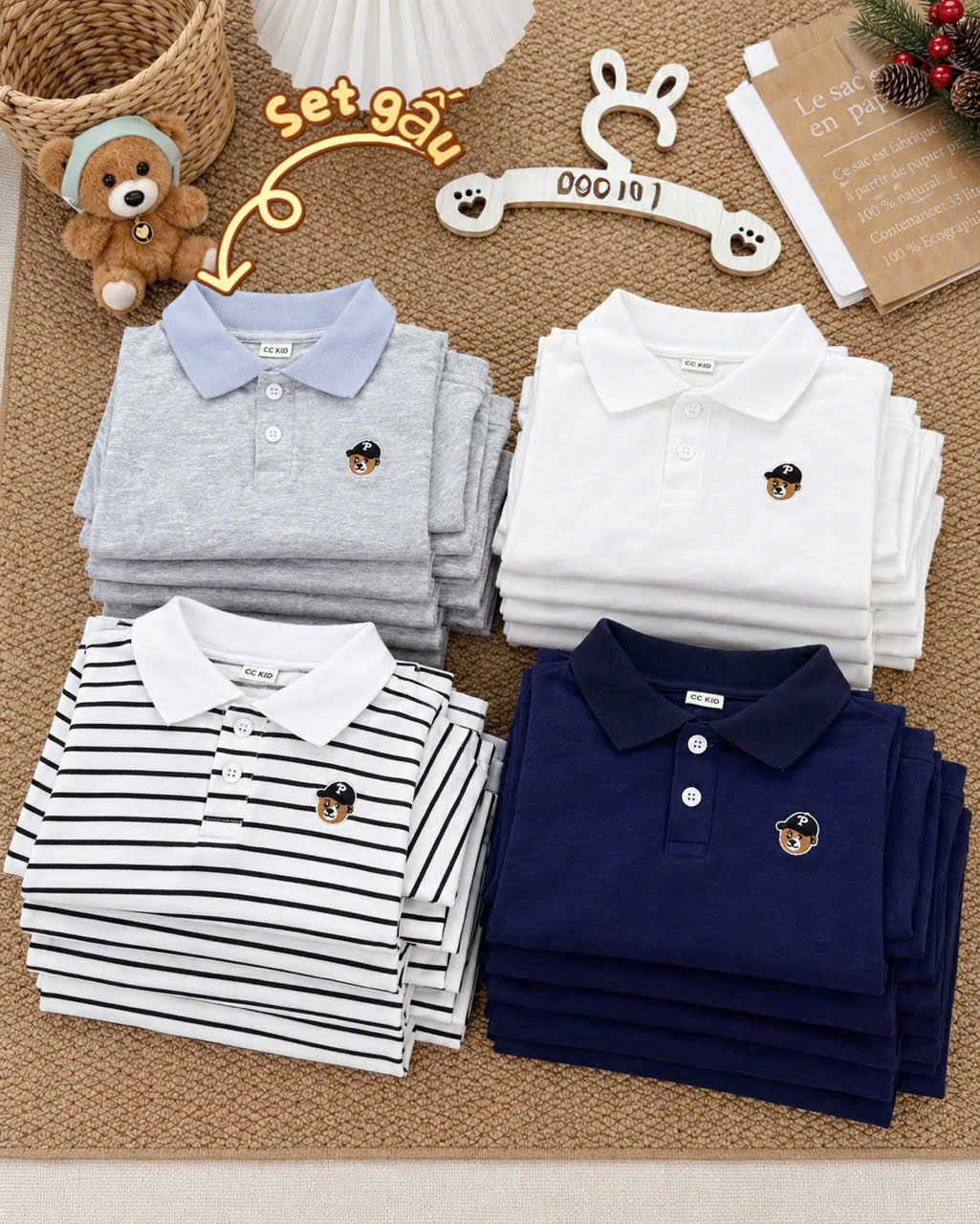 AB969 - SET 4 ÁO BÉ TRAI POLO DÀI TAY THÊU GẤU T than xám kẻ trắng