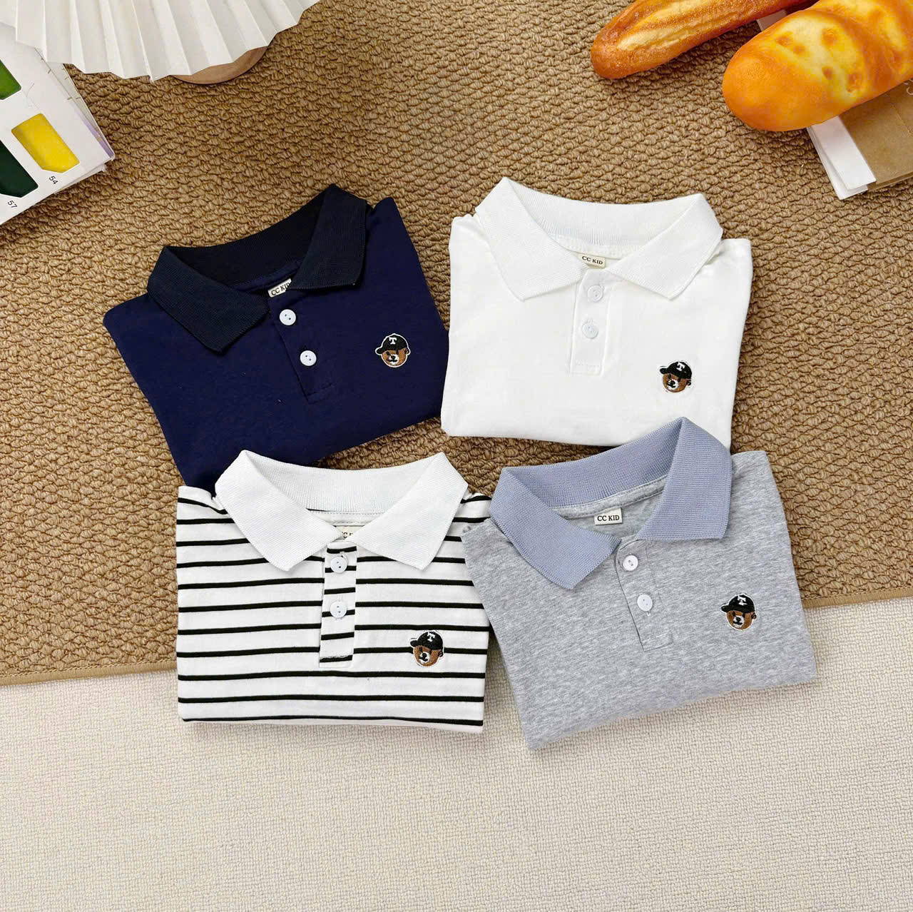 AB969 - SET 4 ÁO BÉ TRAI POLO DÀI TAY THÊU GẤU T than xám kẻ trắng