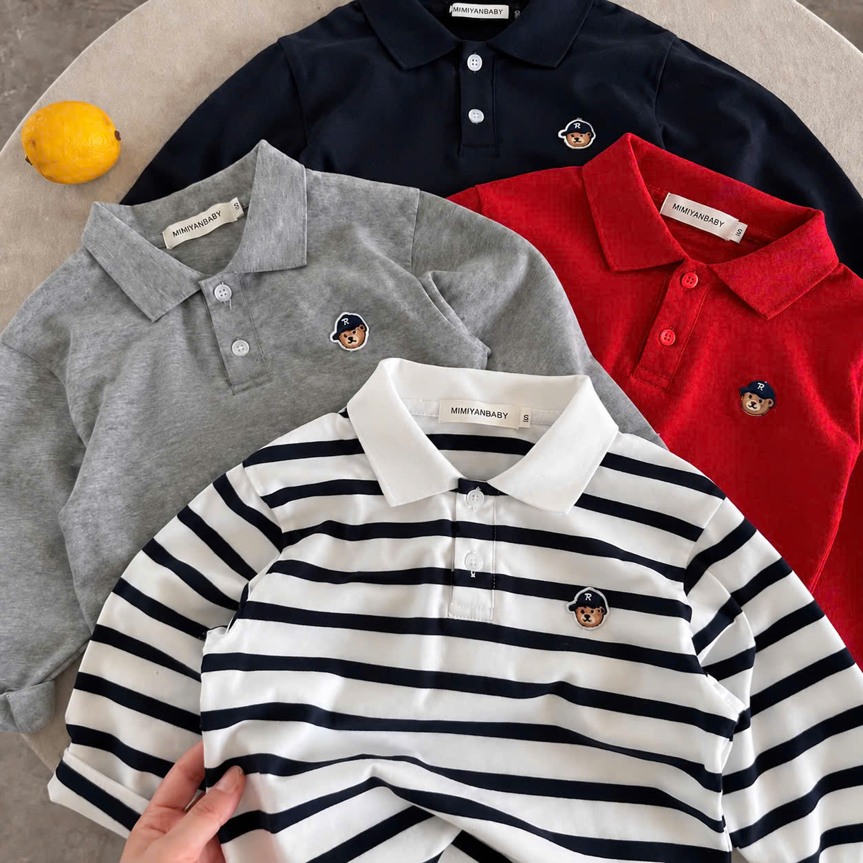 AB972 - SET 4 ÁO BÉ TRAI POLO DÀI TAY GẤU T than xám kẻ đỏ
