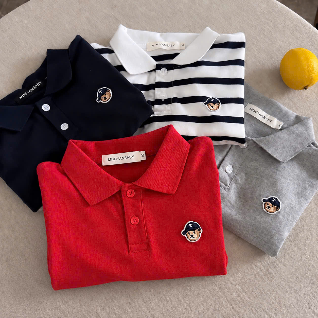 AB972 - SET 4 ÁO BÉ TRAI POLO DÀI TAY GẤU T than xám kẻ đỏ