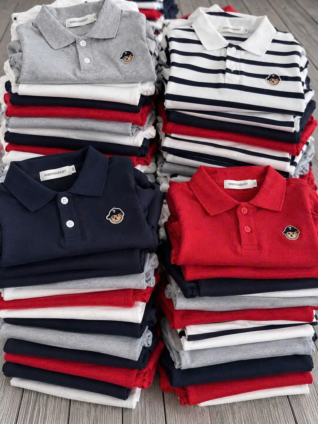 AB972 - SET 4 ÁO BÉ TRAI POLO DÀI TAY GẤU T than xám kẻ đỏ